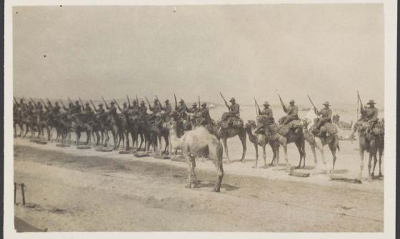Sepia photograph of World War One soldiers mounted on camels lined up for inspection on the sand