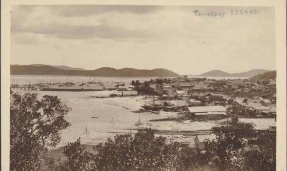 Sepia aerial photo of Thursday Island town and pearling fleet in the harbour