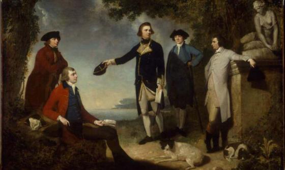 Painting of five men, thought to be Dr Daniel Solander, Sir Joseph Banks, Captain James Cook, Dr John Hawkesworth, Lord Sandwich.