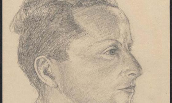 Charcoal on paper sketch of the head and shoulders of a young man. He has hair neatly swept back. He is wearing an collared white shirt with the collar open. He is in profile staring off to the right.