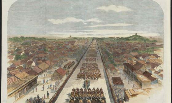 A colour lithograph showing chinese houses on either side of a long, wide boulevard with block rows of soldiers on horseback as far as the eye can see.