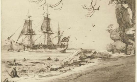 etching of the Endeavour in  Botany Bay