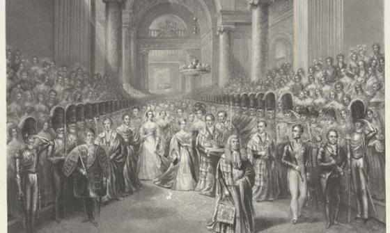 A picture of Queen Victoria at the House of Lords to open the first Parliament of her reign