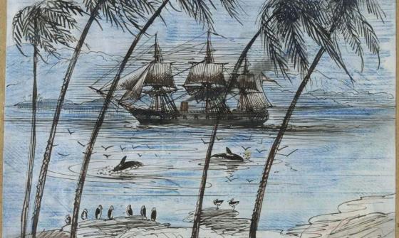 painting of a ship in the background on the ocean and palm trees on an island in the foreground