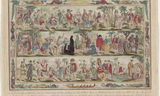 painting of many indigenous people interacting with Cook