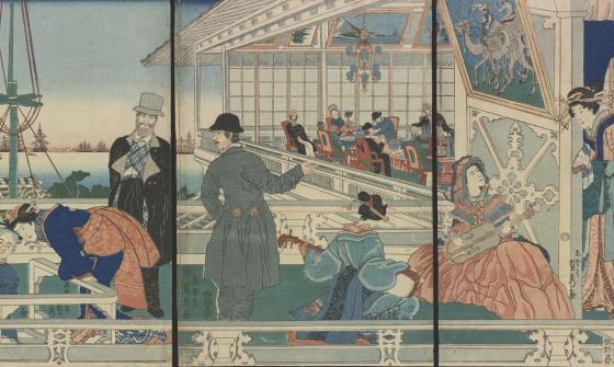 Japanese print depicting scenes where Western, Japanese and Chinese people interact at a trading house