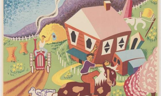  A colorful vintage poster promoting Australia as the "Land of Tomorrow." The illustration features a vibrant rural scene with a man riding a horse in the foreground, surrounded by sheep and blooming trees. In the background, a farmhouse with a red roof is set amidst rolling green hills, with a farmer driving a tractor and a windmill spinning. Smoke rises from the house's chimney, adding to the idyllic countryside feel. The words "Australia" and "land of tomorrow" are prominently displayed.