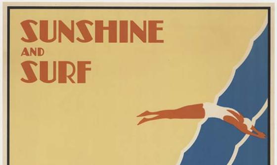 blue, yellow, and red poster advertising the beach