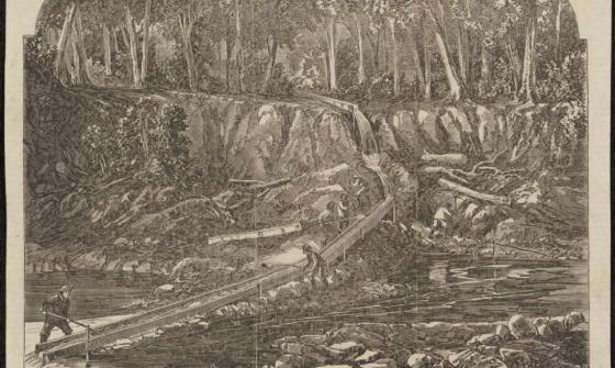 A detailed 1867 wood engraving illustrating Chinese miners engaged in ground-sluicing near Beechworth, Victoria. The scene captures a forested landscape with miners working along a wooden sluice system directing water through rocky terrain. The foreground features a still water pool, while the background shows cascading water and dense trees.