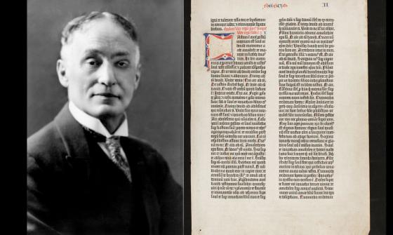 An old black and white photograph of a man next to a page from an old illuminated text.