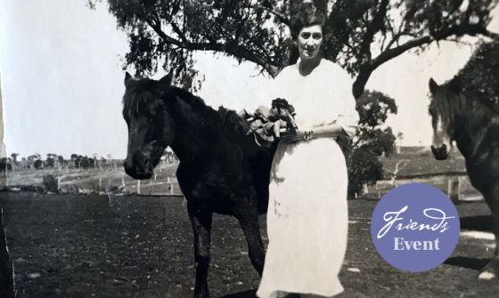 Black and white photograph of playwright Millicent Armstrong and two horses. On the bottom left corner a purple circle with white text reading 'Friends Event' has been photoshopped on.