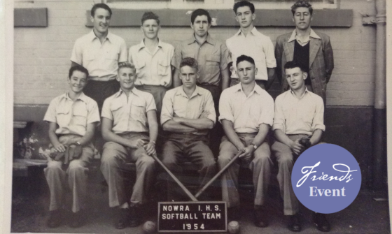 A sepia group photo of the 10 young men in the Nowra softball team, including Frank Moorhouse. Photo-shopped onto the photo on the bottom right corner is a purple circle with white writing reading 'Friends event'