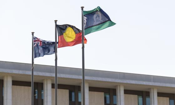 Australian, Aboriginal and Torres Strait Islander flags outside the Library building