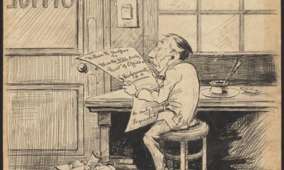 cartoon drawing of a small man reading a document while sitting on a tall stool