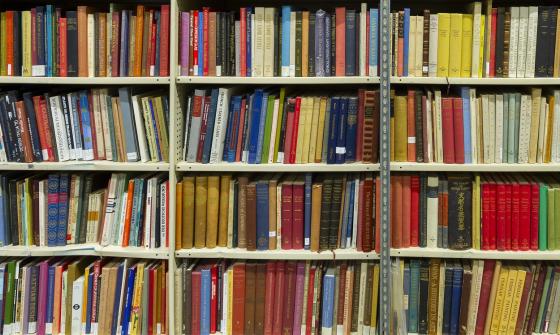Large wall of bookshelves with hundreds of colourful books