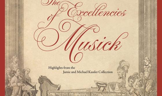 Book cover illustration of "The Excellencies of Musick," featuring ornate cursive text and a classical drawing of a baroque music scene with performers and an elaborately decorated harpsichord.
