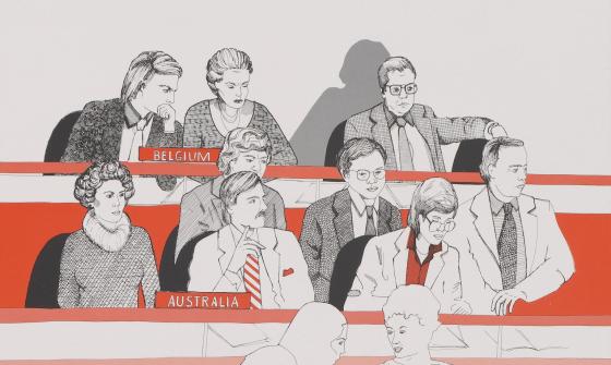 White poster with orange lines and simple illustrations of men and women in suits. Large orange text reads 'Diplomacy' and small black text encourages graduates to become diplomats.