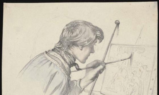 pencil drawing a young male artist leaning over a canvas painting an active scene