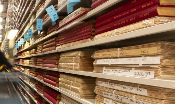 Shelves with bundles of newspapers