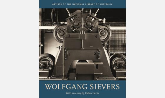 Cover of NLA Publishing book 'Wolfgang Sievers' with a photo of tyre manufacturing machinery and blue along the top and bottom