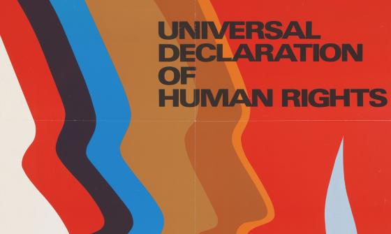 Top portion of a poster differently coloured side profiles of a face on a red background, with black text reading 'Universal Declaration of Human Rights'