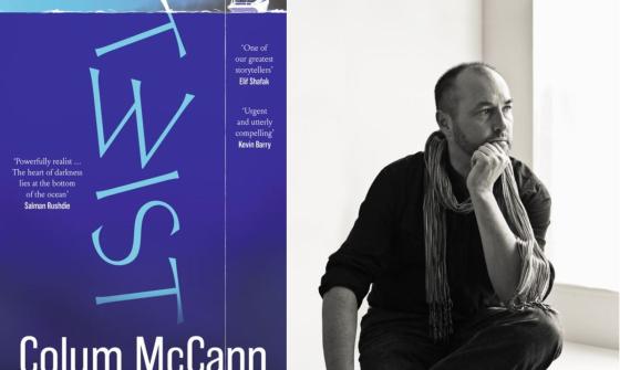 On the right, a black and white portrait of author Colom McCann. On the left, the cover of his book 'Twist'.