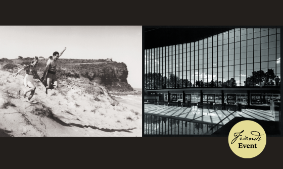 Two black and white photos, accompanied by the 'Friends of the National Library' logo. The photo on the left shows a man and woman holding hands and running down dunes at the beach. The photo on the right shows the view through a large window