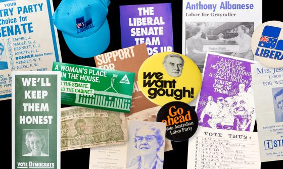 Various ephemera relating to Australian federal election campaigns spread over a black background