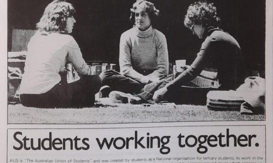 Leaflet with a large image of three students, bold text reading 'AUS & YOU' and some information about The Australian Union of Students