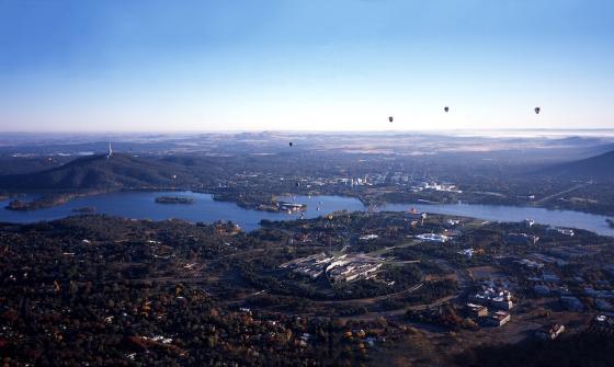 Panoramic photo of Canberra taken from a helicopter on a clear day