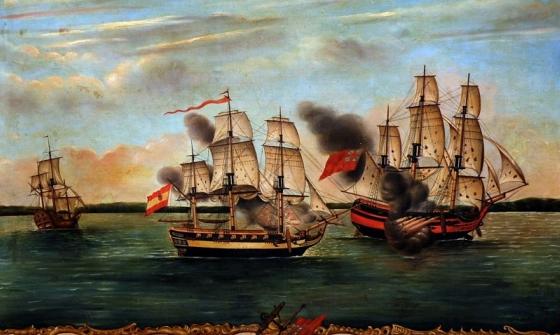 Painting of three large ships at sea, with two firing cannons at each other