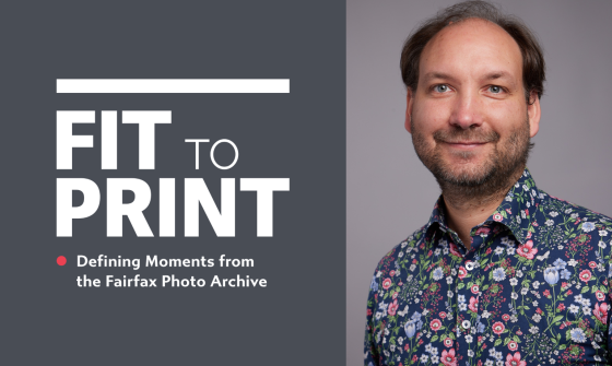 White text on a grey background reading 'Fit to Print: Defining Moments from the Fairfax Archive' next to a photo of curator Allister Mills