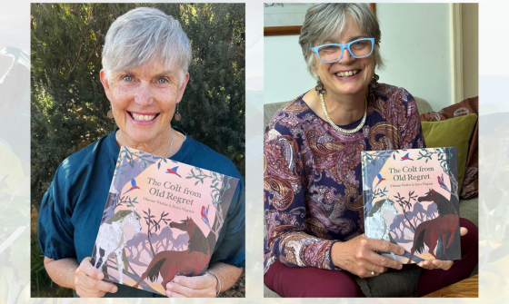 Side by side photos of Dianne Wolfer and Erica Wagner smiling and holding up copies of their book 'The Colt from Old Regret'