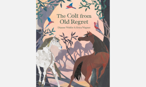 Book cover for 'The Colt from Old Regret' which features illustrations of a brown horse and a white horse in the Australian bush