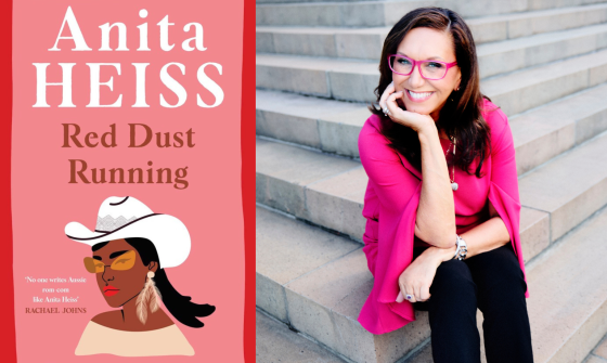 Cover of book 'Red Dust Running' by Anita Heiss next to a picture of Anita Heiss sitting on concrete steps smiling