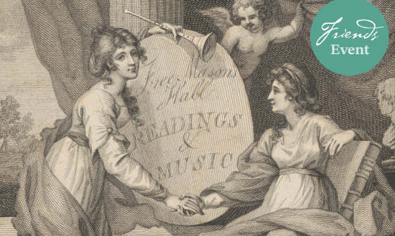 Print of two women in dresses holding hands. One has a trumpet in her other hands and is leaning over a sign reading 'Free Masons Hall Readings & Music'. Photoshopped on top is a teal circle with text reading 'Friends Event'