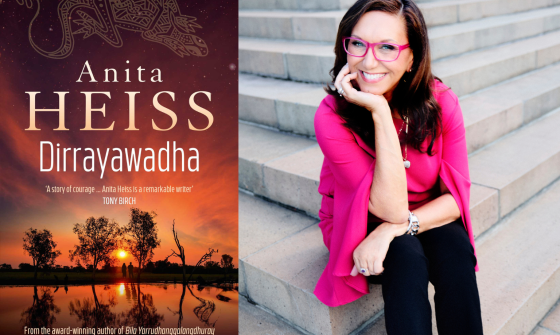 Book cover for 'Dirraywadha' by Anita Heiss next to a photo of Anita Heiss sitting on some concrete steps