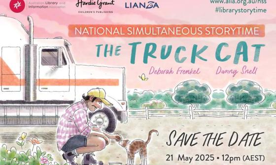 Cover of the book The Truck Cat by Deborah Frenkel and Danny Snell. A man is crouched down patting a cat. There is a bowl in front of the cat, a bush with flowers in the foreground, and trees behind a white pole fence and a truck cabin in the background.