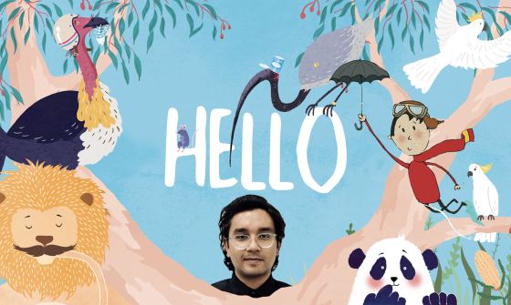 A blue background overlaid with illustrations of a lion, panda, cockatoo, mouse, cassowary, and ibis, with the word 'Hello' in the middle and a photo of a man's head with dark hair and glasses