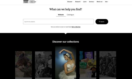 A screenshot of the Library's homepage dispalying the top banner, logo, navigation menu, search field anmd collections cards