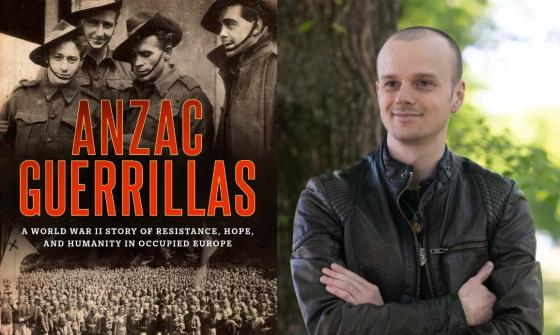 On the left is the cover of the book 'ANZAC Guerrillas' by Edmund Goldrick. On the right is a smiling man with his arms crossed and standing in front of a tree