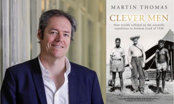 On the left is a smiling man wearing a white shirt and dark blue jacket. On the right is the cover of the book 'Clever Men' by Martin Thomas.
