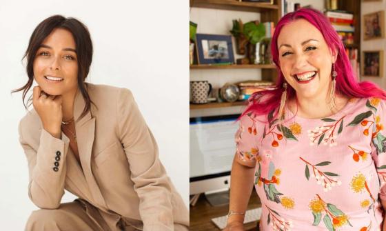 On the left is a smiling woman with brown hair. On the right is a smiling woman with pink hair.