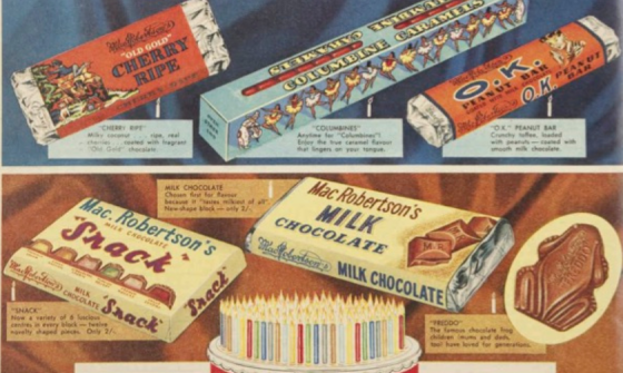Advertisement for Macrobertson's chocolate for their 75th anniversary with illustrations of their various chocolates