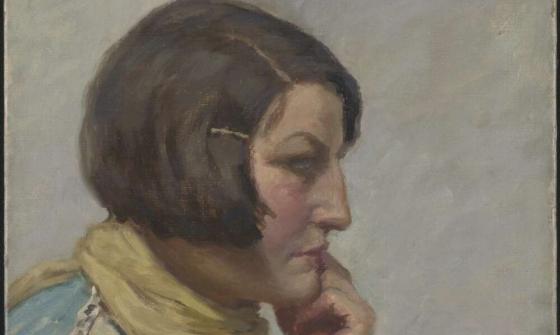 Muted oil painting of a short dark haired woman wearing a yellow scarf and light blue shirt.  
