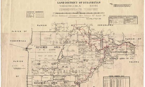 1912 map of the Parish of Booroomba, County of Cowley Land District of Queanbyan, Yarrowlumla Shire, Commonweath territory