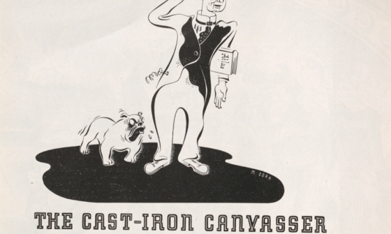 Advertisement for Paterson's Cast Iron Canvasser featuring black and white illustration of a man and a dog, with accompanying text elements including the book title and brief review