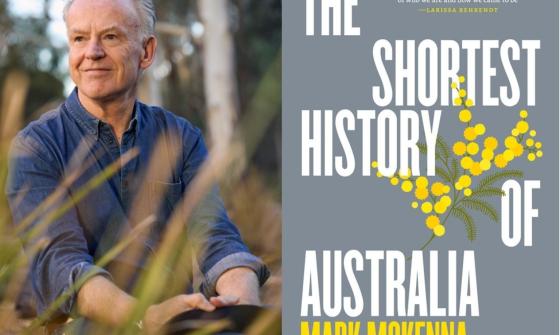 Author Mark McKenna standing in grass wearing a blue shirt, and book cover of The Shortest History of Australia