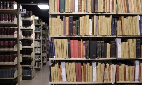 Bookshelves in a library