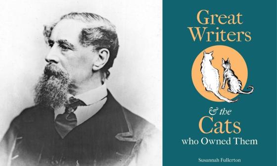 A black and white portrait in profile of Charles Dickens, alongside a blue book cover featuring two illustrated cats